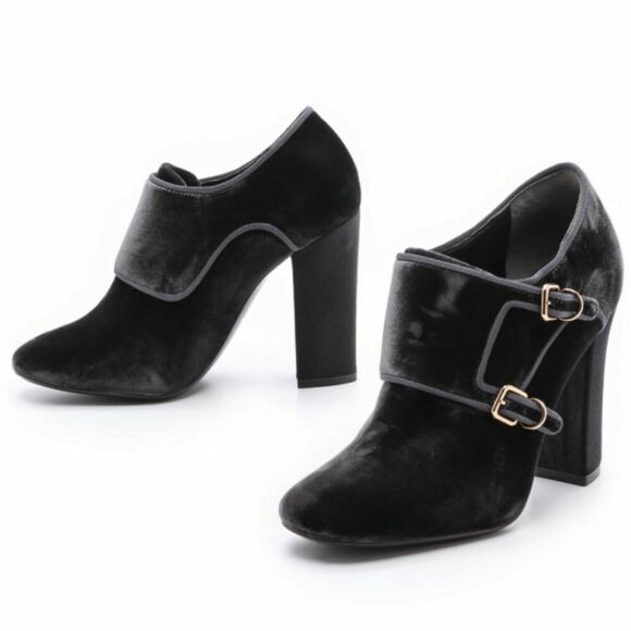 Tory Burch Carley Velvet Booties Gray Grigio Block Heel Buckle Shoes 6.5M - Picture 1 of 6